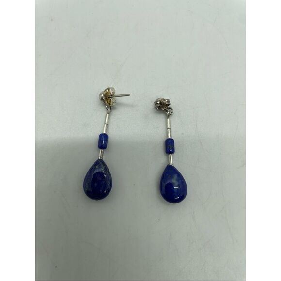 Vintage Triple Lapis Lazuli and Sterling Threader Earrings - Picture 2 of 6